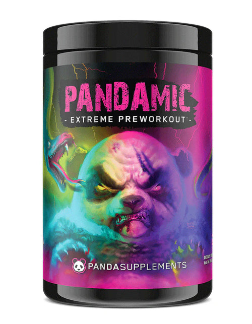 Container of Pandamic Extreme Preworkout by Panda Supps Unicorn flavor with a colorful and vibrant design featuring a character and various energy boosters.