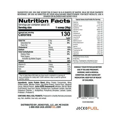 Ingredients and Macros Nutrition Panel for Jocko Fuel Molk Whey Protein Powder Supplement in Chocolate Peanut Butter Flavor
