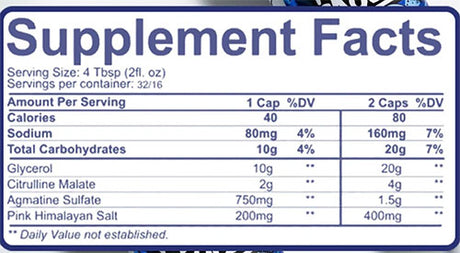 Supplement facts label with detailed nutritional information on a blue background