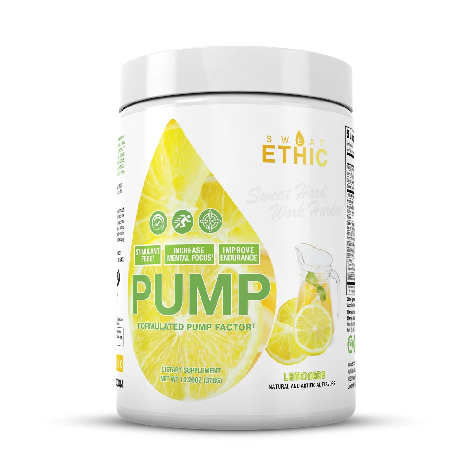 Sweat Ethic Pump Pre-workout powder stim-free Lemonade flavor