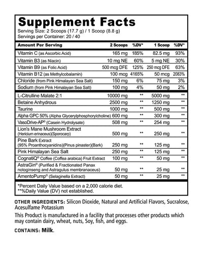 Panda Supplements Stimulant free Panda Pump Supplement Facts and Ingredients Panel 