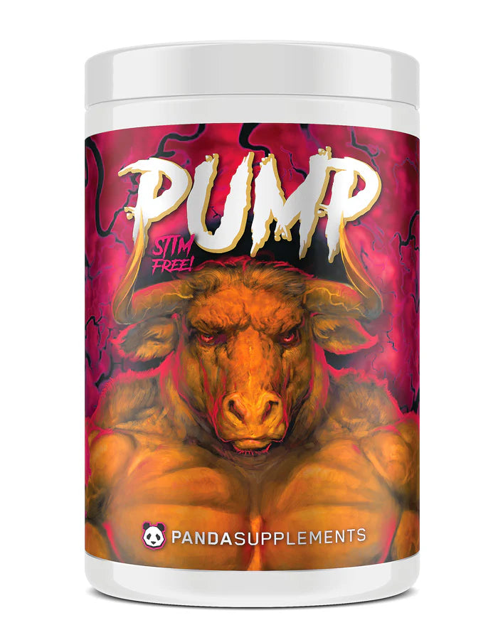 Container of Panda Pump stimulant-free pre-workout supplement with a stylized bull on the label.