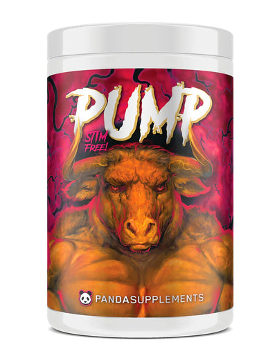 Container of Panda Pump stimulant-free pre-workout supplement with a stylized bull on the label.