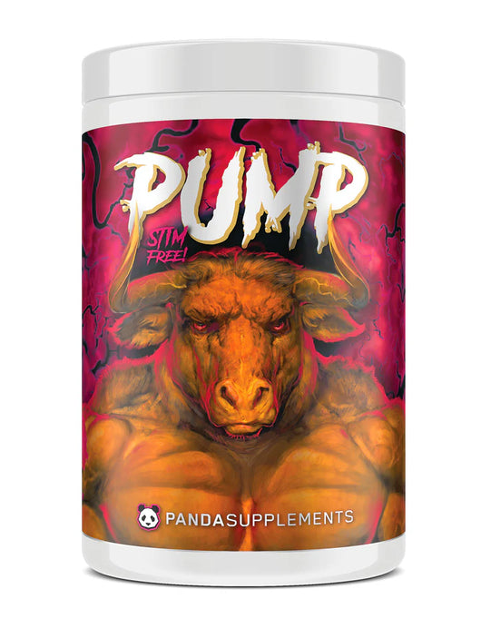 Container of Panda Pump stimulant-free pre-workout supplement with a stylized bull on the label.