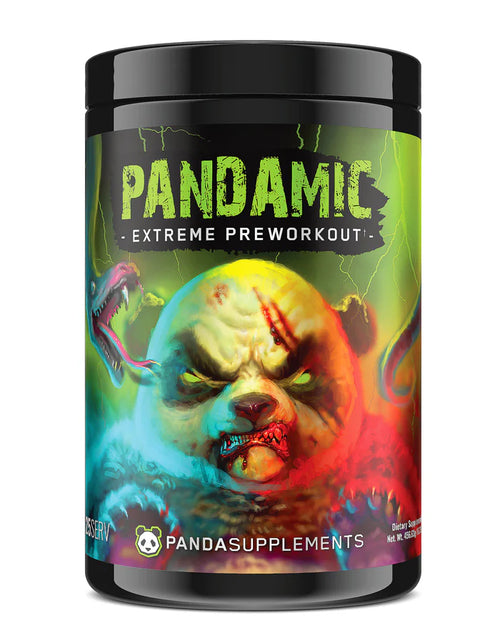 Container of Pandamic Extreme Preworkout by Panda Supps with a colorful and vibrant design featuring a character and various energy boosters.