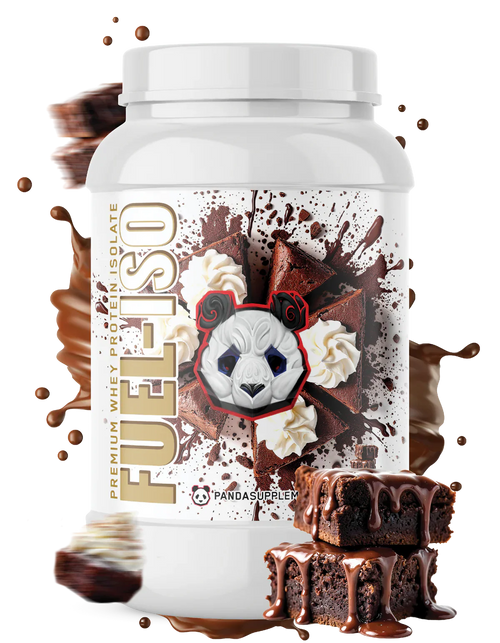 Panda Supplement Whey Protein Isolate supplement container with brownies and a panda logo on a white background