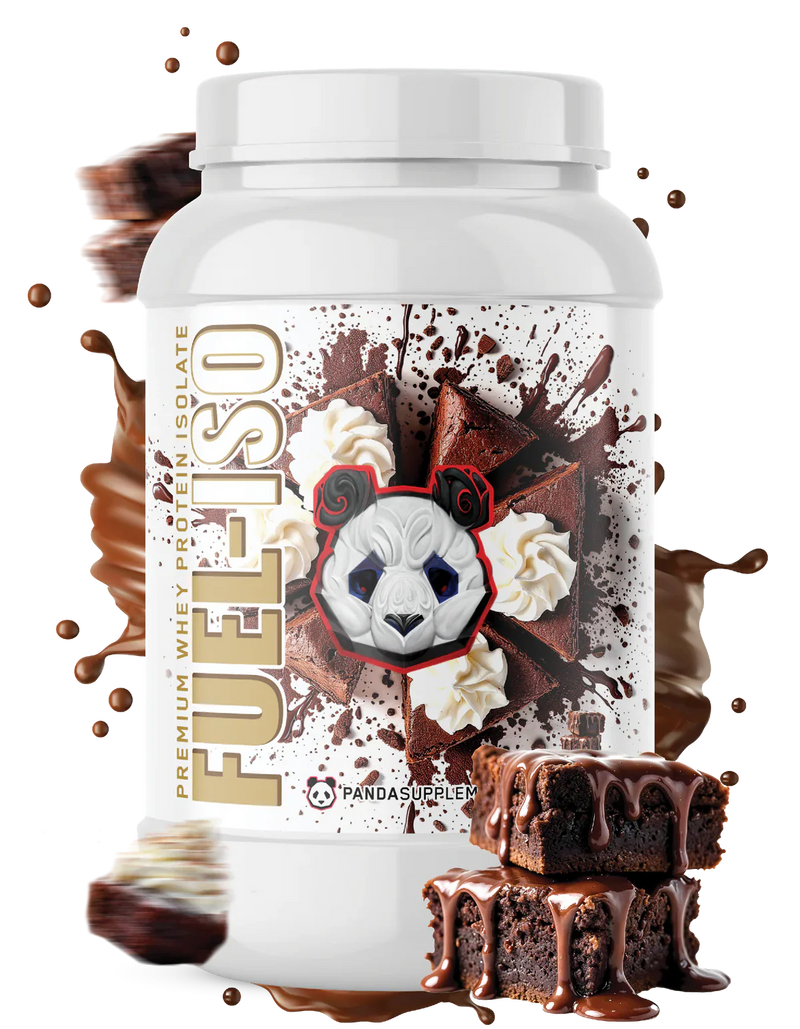 Panda Supplement Whey Protein Isolate supplement container with brownies and a panda logo on a white background