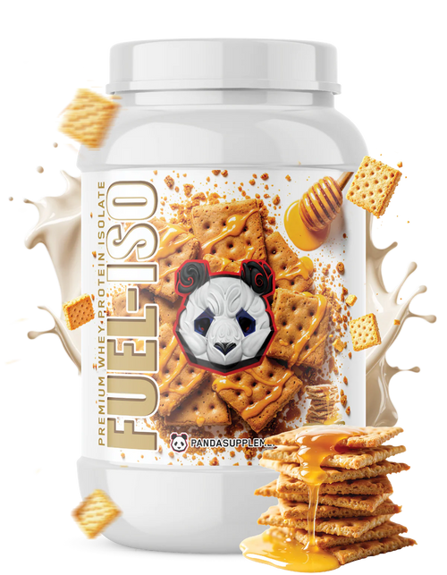 Panda Supplements whey protein isolate supplement container with honey graham crackers on a white background