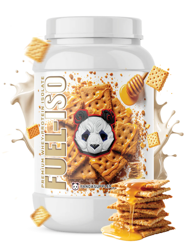 Panda Supplements whey protein isolate supplement container with honey graham crackers on a white background