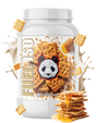 Panda Supplements whey protein isolate supplement container with honey graham crackers on a white background