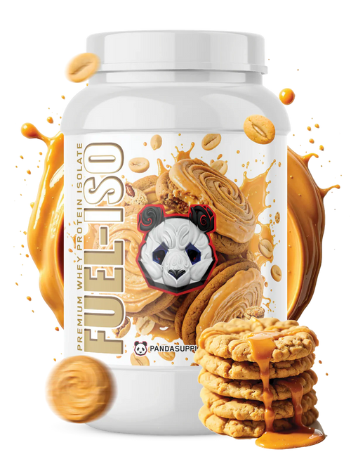Panda Supplements whey protein isolate supplement with peanut butter cookies on a white background