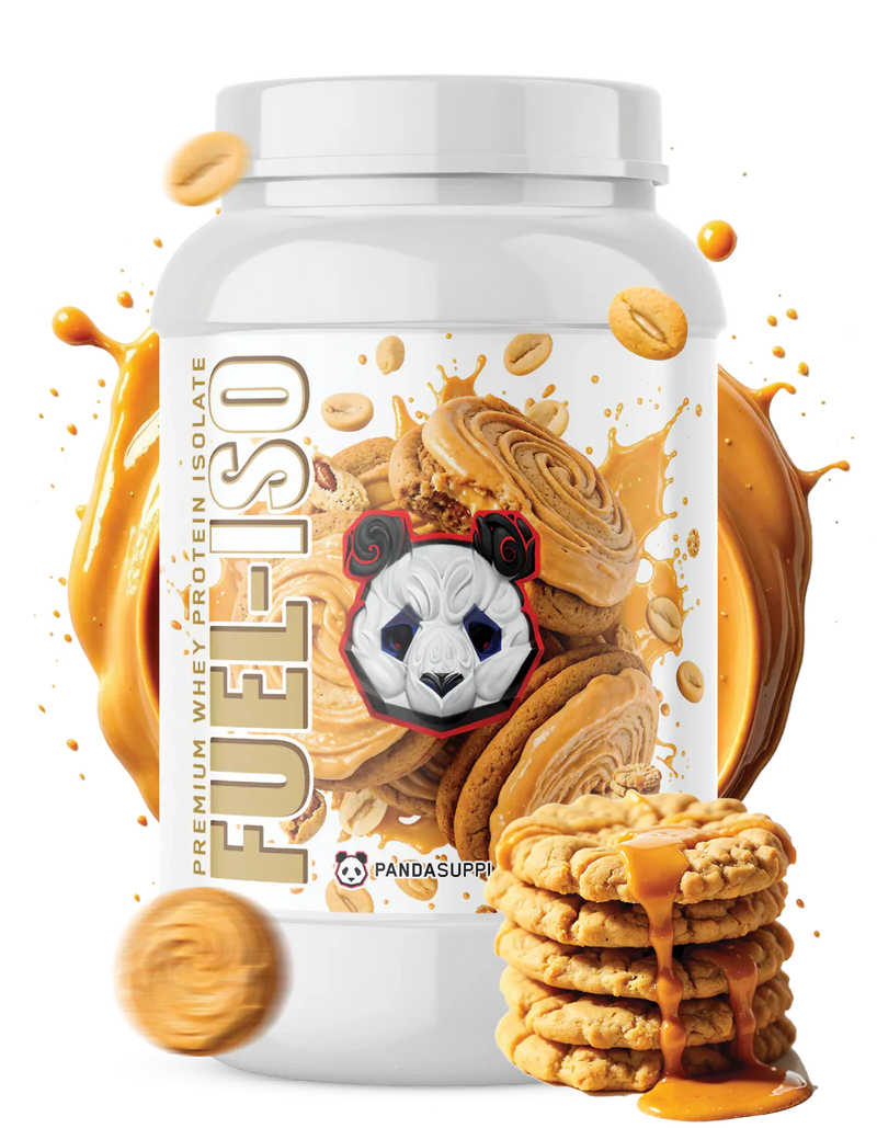 Panda Supplements whey protein isolate supplement with peanut butter cookies on a white background