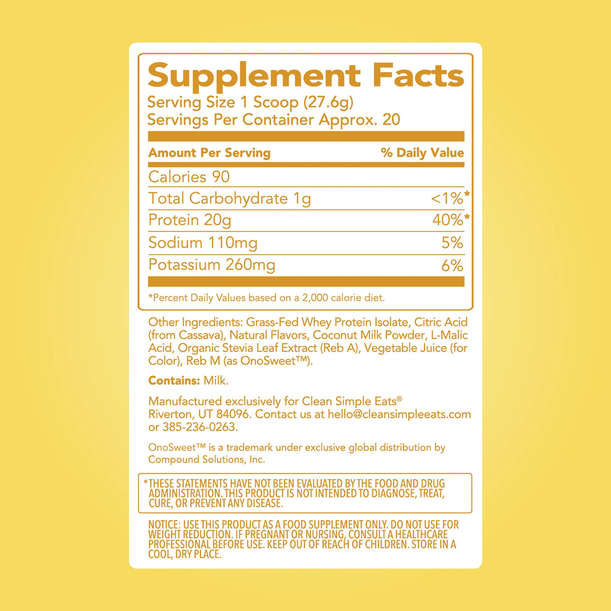 Clean Simple Eats Clear Protein Powder Pineapple Passion Supplement facts label 