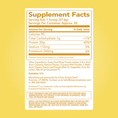 Clean Simple Eats Clear Protein Powder Pineapple Passion Supplement facts label 
