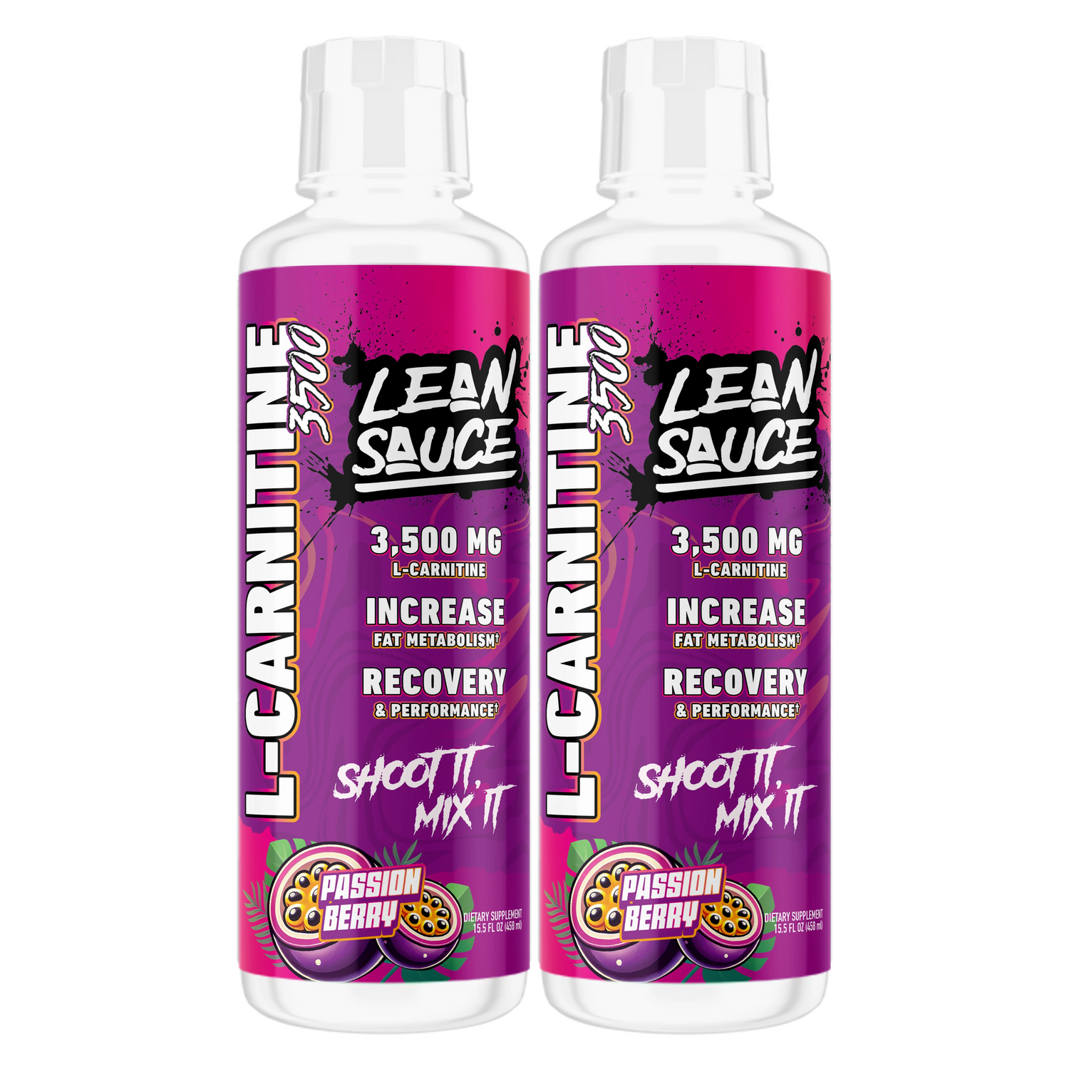 Two bottles of L-Carnitine Lean Sauce Passion Berry Flavored with purple labels on a white background