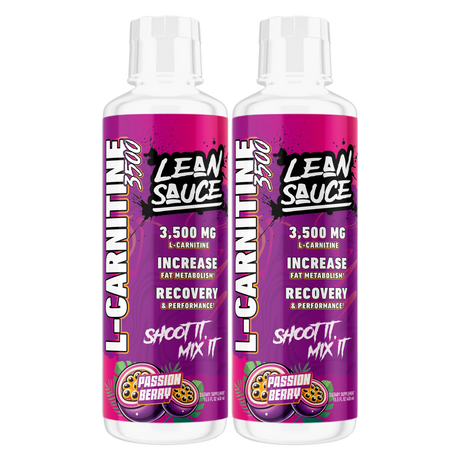 Two bottles of L-Carnitine Lean Sauce Passion Berry Flavored with purple labels on a white background