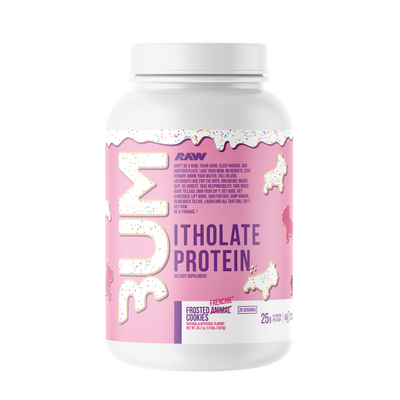 A container of RAW Whey Isolate Protein powder with the flavor CBUM Itholate, Frosted Frenchie Cookies