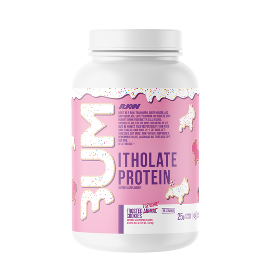 A container of RAW Whey Isolate Protein powder with the flavor CBUM Itholate, Frosted Frenchie Cookies