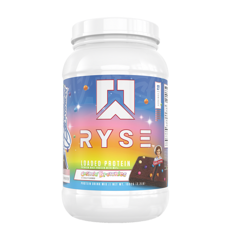 A container of RYSE Loaded Whey Protein Powder in the flavor Cosmic Brownies 