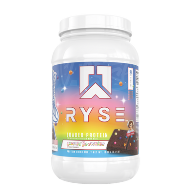 A container of RYSE Loaded Whey Protein Powder in the flavor Cosmic Brownies 