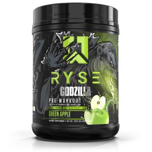 Ryse Godzilla pre-workout supplement container with green apple flavor on a white background