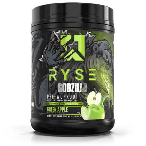 Ryse Godzilla pre-workout supplement container with green apple flavor on a white background