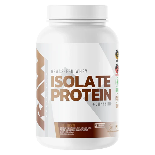 Raw Bum Grass_fed Whey Protein Isolate powder container labeled 'Isolate Protein + Caffeine' Cold Brew on a white background