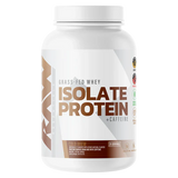 Raw Bum Grass_fed Whey Protein Isolate powder container labeled 'Isolate Protein + Caffeine' Cold Brew on a white background