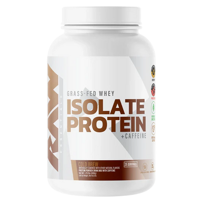 Raw Bum Grass_fed Whey Protein Isolate powder container labeled 'Isolate Protein + Caffeine' Cold Brew on a white background