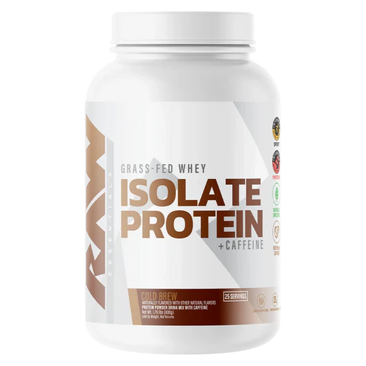 Raw Bum Grass_fed Whey Protein Isolate powder container labeled 'Isolate Protein + Caffeine' Cold Brew on a white background