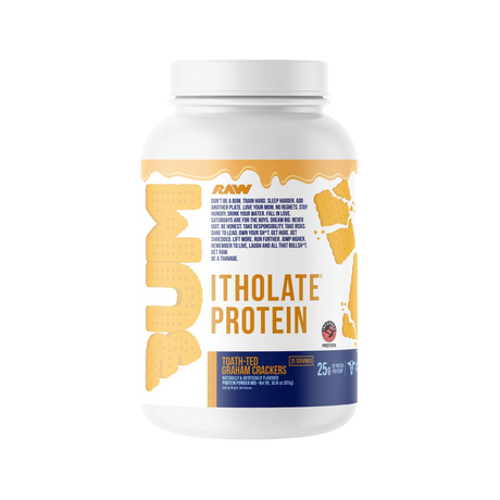 A container of RAW Bum Itholate Grass Fed Whey Isolate Protein powder with the flavor Toath-ted Graham Crackers.