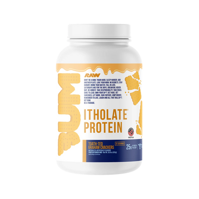 A container of RAW Bum Itholate Grass Fed Whey Isolate Protein powder with the flavor Toath-ted Graham Crackers.