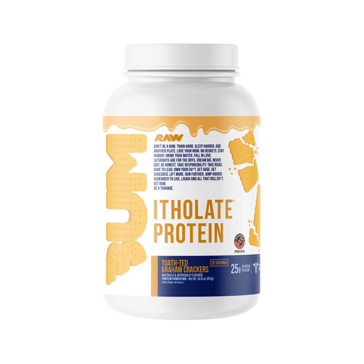 A container of RAW Bum Itholate Grass Fed Whey Isolate Protein powder with the flavor Toath-ted Graham Crackers.