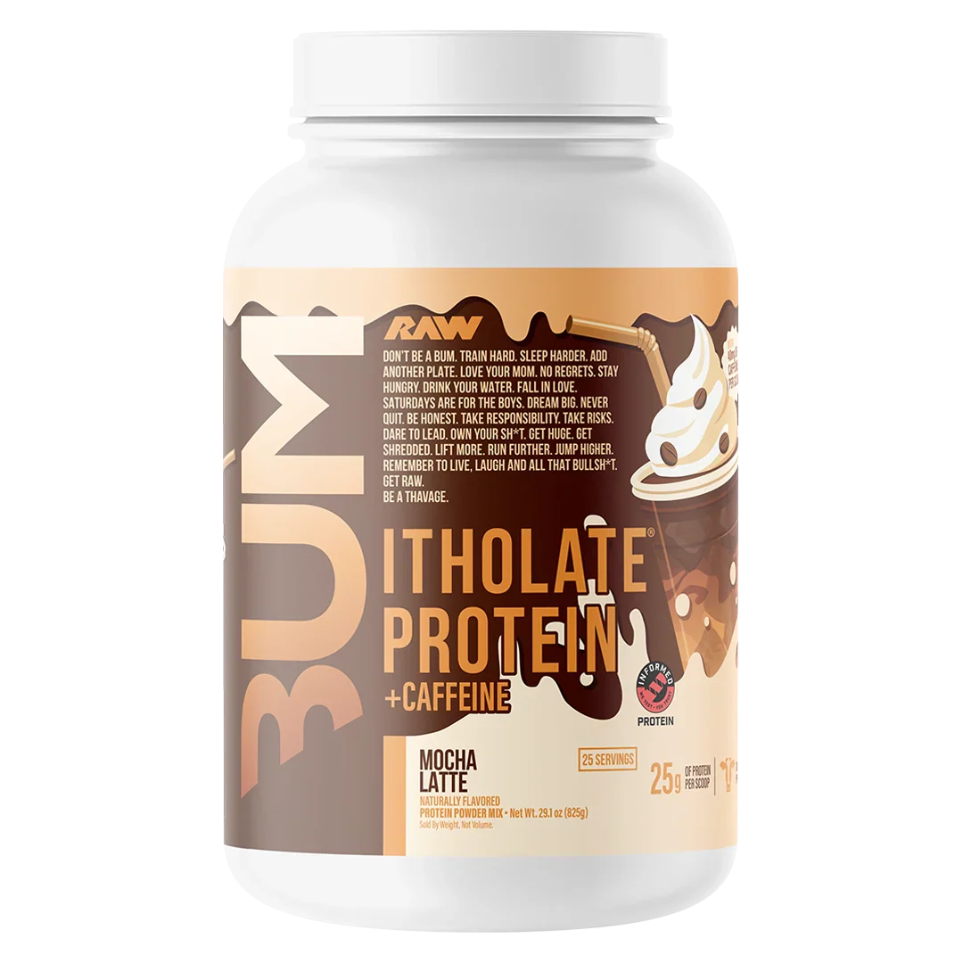 Raw Bum Itholate Grass-fed Whey Protein Isolate + Caffeine Mocha Latte flavor container on a white background