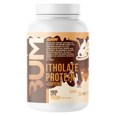 Raw Bum Itholate Grass-fed Whey Protein Isolate + Caffeine Mocha Latte flavor container on a white background