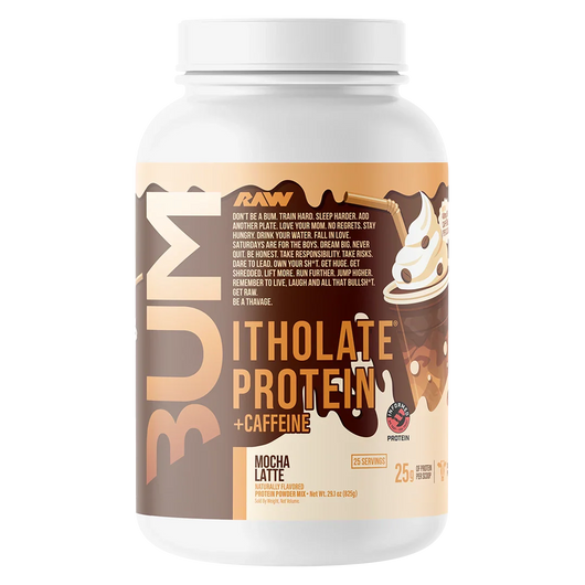 Raw Bum Itholate Grass-fed Whey Protein Isolate + Caffeine Mocha Latte flavor container on a white background