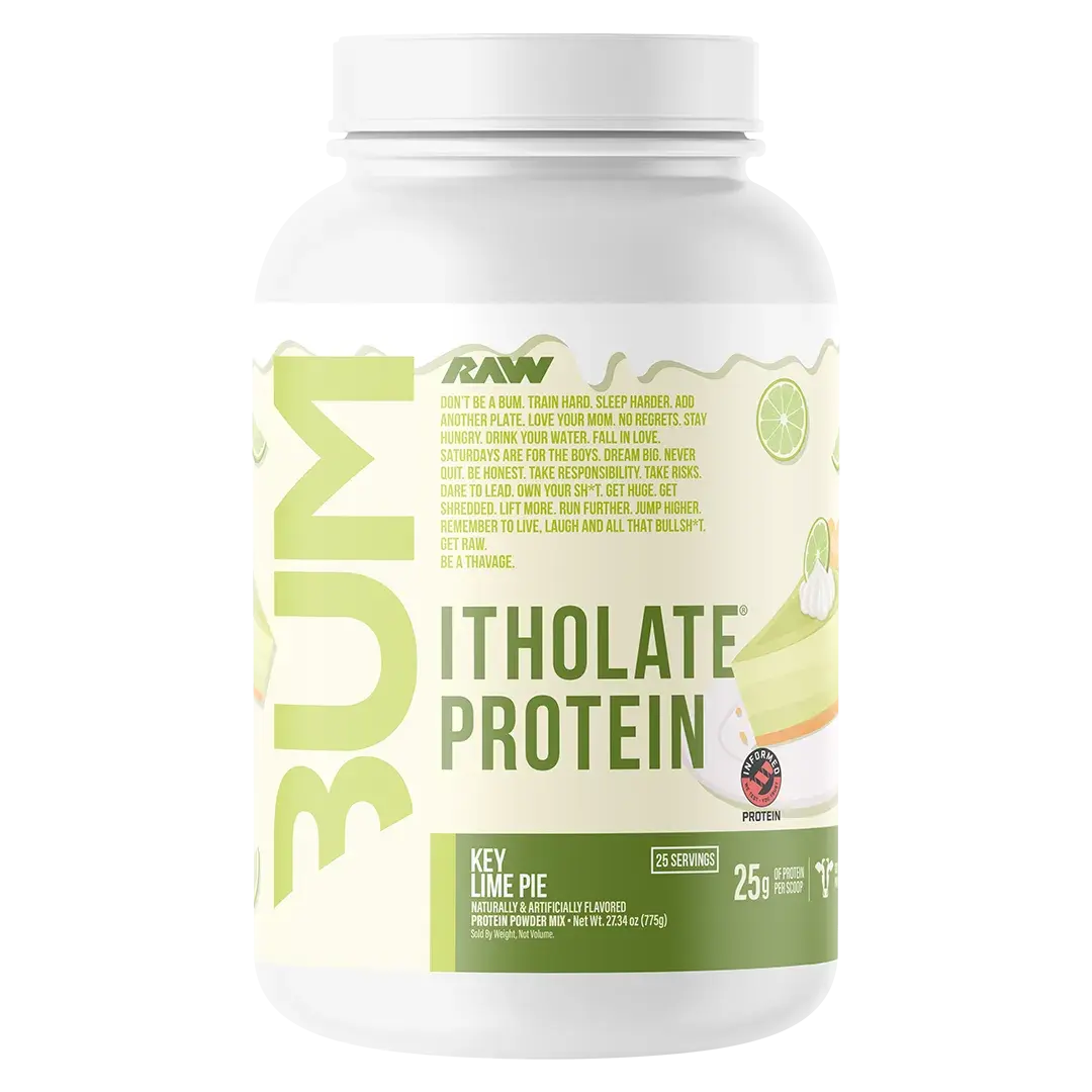 Raw Bum Itholate Grass-fed Whey Protein Isolate container with key lime pie flavor on a white background