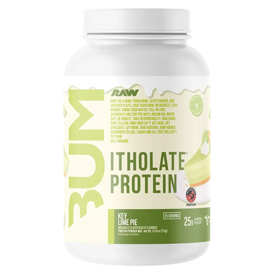Raw Bum Itholate Grass-fed Whey Protein Isolate container with key lime pie flavor on a white background