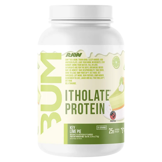 Raw Bum Itholate Grass-fed Whey Protein Isolate container with key lime pie flavor on a white background