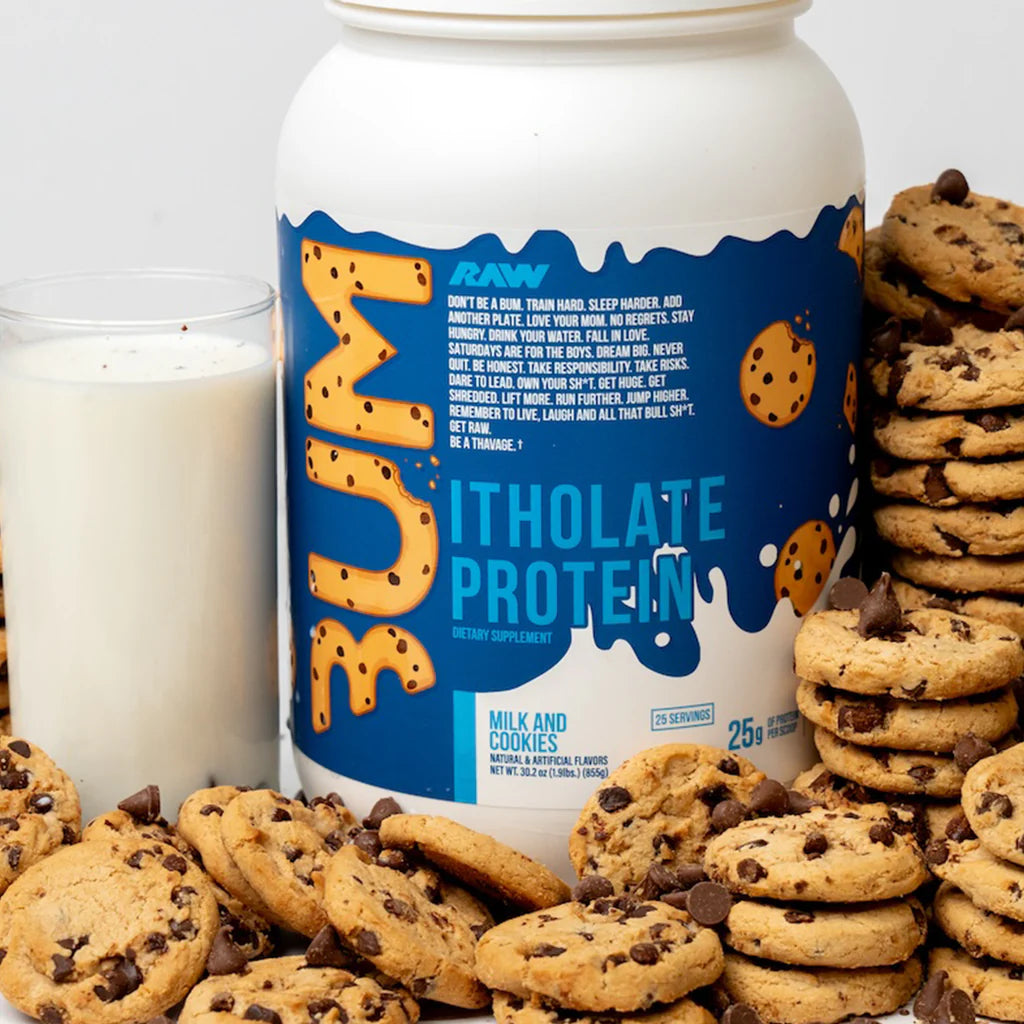 A container of CBUM Itholate Grass Fed Whey Protein Isolate Powder with milk and cookies surrounding it, indicating the flavor or theme of the product.