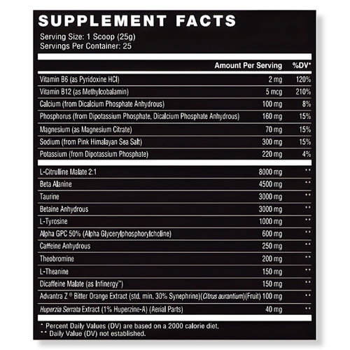 Reckoning XL Extreme Pre Workout Supplement Facts Panel