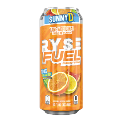 Sunny D Ryse Fuel energy drink can on a white background