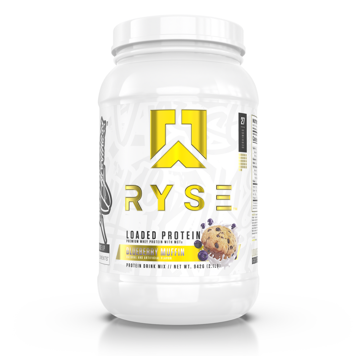 A container of RYSE Loaded Whey Protein Powder in Blueberry Muffin Flavor 