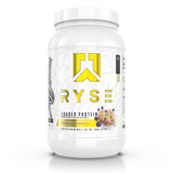 A container of RYSE Loaded Whey Protein Powder in Blueberry Muffin Flavor 