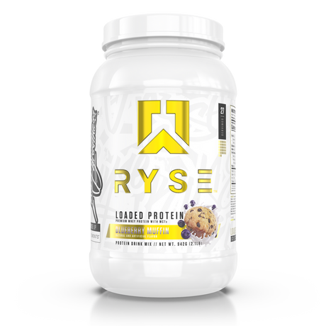 A container of RYSE Loaded Whey Protein Powder in Blueberry Muffin Flavor 
