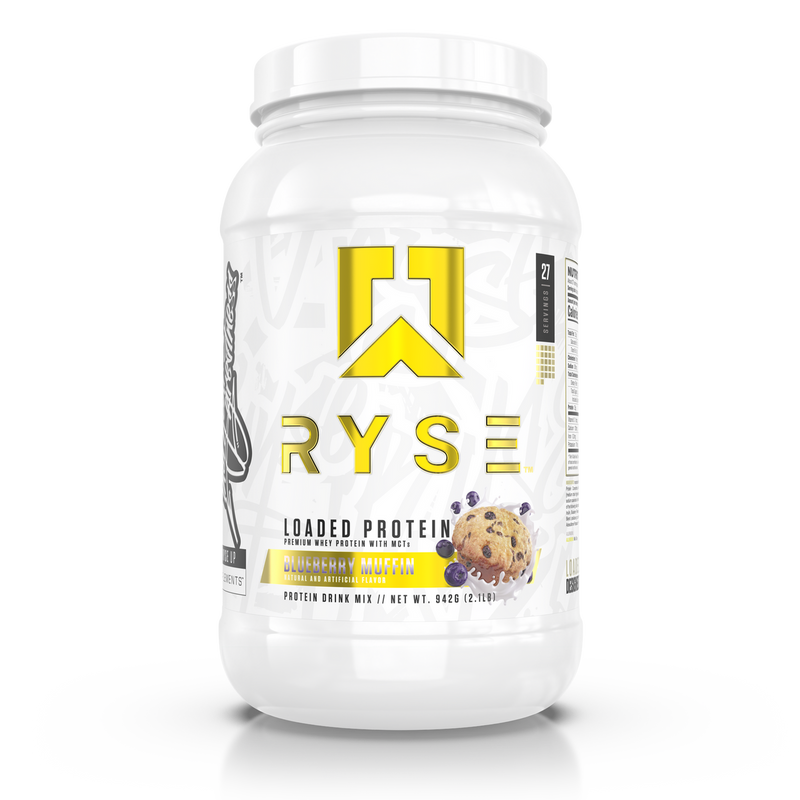 A container of RYSE Loaded Whey Protein Powder in Blueberry Muffin Flavor 
