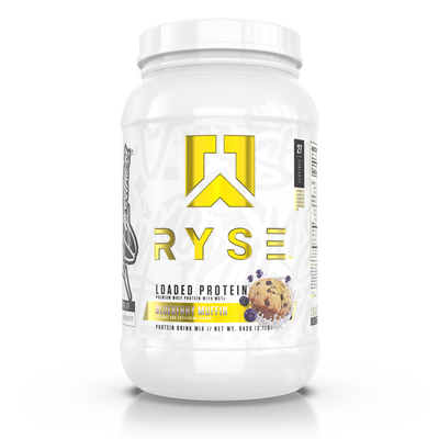 A container of RYSE Loaded Whey Protein Powder in Blueberry Muffin Flavor 