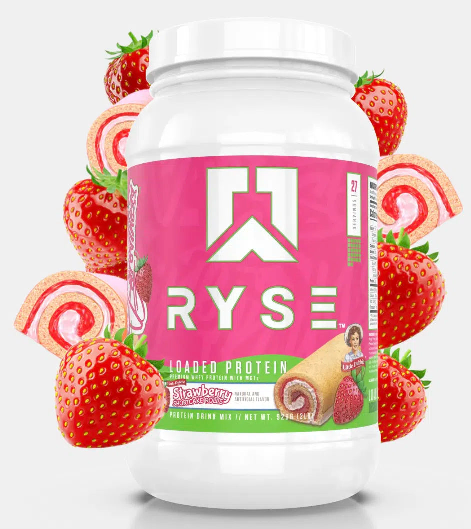 Ryse Loaded Protein Powder container with strawberry Shortcake Roll flavor on a white background