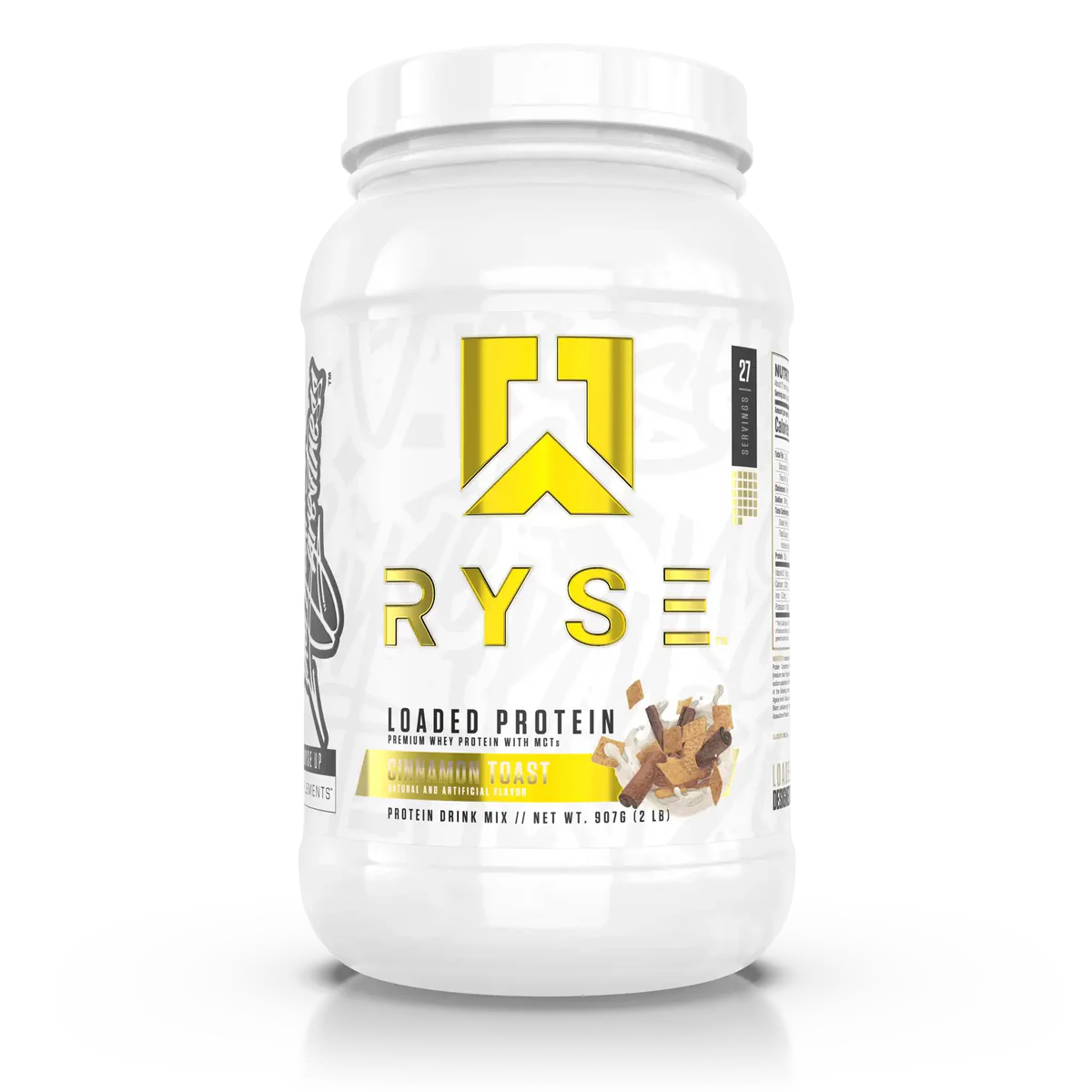 A container of RYSE Loaded Whey Protein Powder in Cinnamon Toast Flavor 