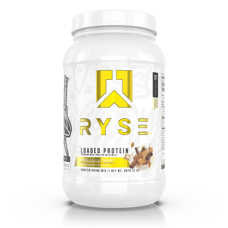 A container of RYSE Loaded Whey Protein Powder in Cinnamon Toast Flavor 